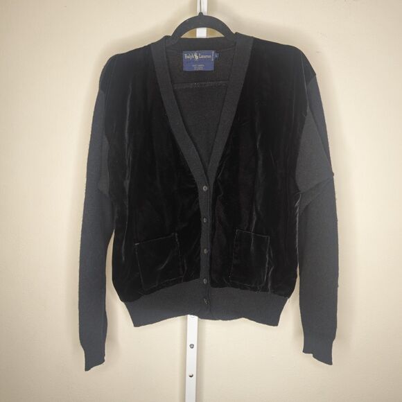 Vtg Ralph Lauren Lrg 100% Wool Velvet Front Button Front Black Cardigan *Flaw - Picture 1 of 9